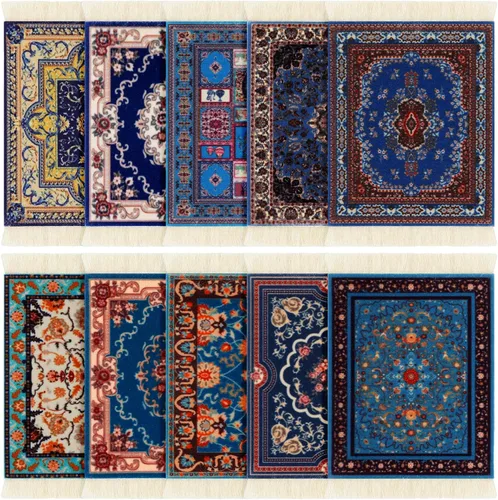 Preboun Juego de 10 posavasos estilo alfombra con flecos, parte trasera antideslizante, vintage, decorativo, marroquí, tela turca, mini soporte para