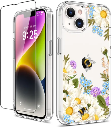 Miniatura 25 de Funda para iPhone 14 Pro con protector de pantalla, 6.1 pulgadas, transparente de cuerpo completo, a prueba de golpes, diseño floral, para niñas