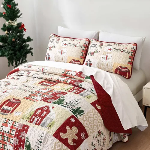 Miniatura 4 de DJY Juego de Edredón de Navidad Tamaño King, Juego de Colcha Coverlet de Retazos de Muñeco de Nieve de Pan de Jengibre 3 Piezas Edredón a Cuadros