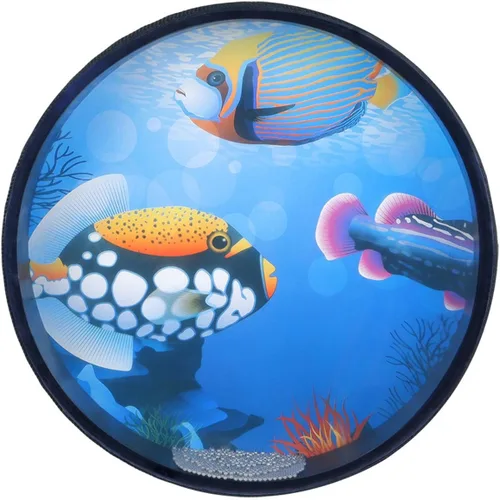 Ocean Drum Instrumento musical de percusión de mano, instrumento musical de madera, con cuentas onduladas de sonido de mar con patrón de peces 9.8 in