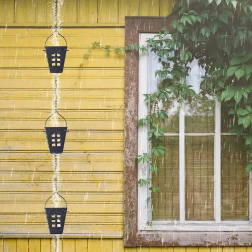 Miniatura 5 de Cadena de lluvia cuadrada, cadenas negras para canalones de 10 pies con 12 copas, cadena captadora de lluvia ajustable con campana para drenaje