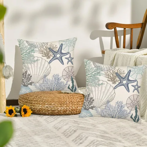 Miniatura 3 de Fukeen Juego de 2 fundas de almohada de playa de verano de 16 x 16 pulgadas, conchas de mar, conchas de coral y estrellas de mar y estrellas de mar