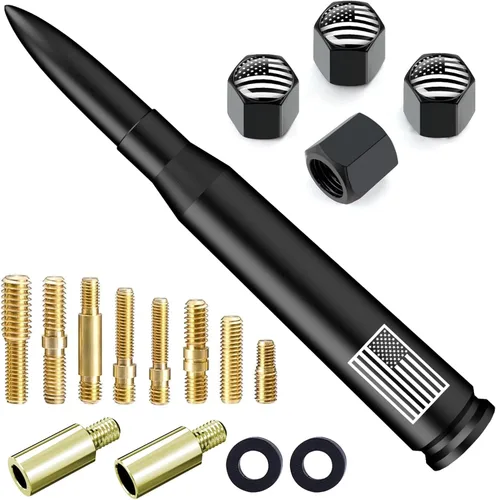 Miniatura 12 de Antena de camión para automóvil con tapas de válvula de neumáticos, bandera estadounidense, repuesto corto universal para GMC Sierra, Chevy, Negro