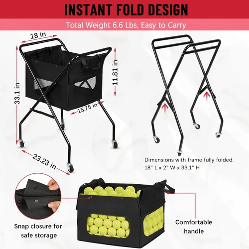 Miniatura 5 de Cesta plegable de pickleball para pelotas de tenis con ruedas, bolsa extraíble, carrito portátil con capacidad para 170 pelotas de tenis o 140