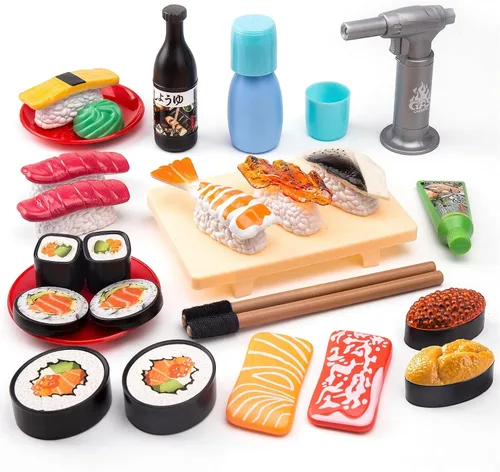 Funpynani - Juego de comida de simulación para cortar sushi, 34 piezas, juguetes de alimentos de simulación con luz LED que cambia de color,