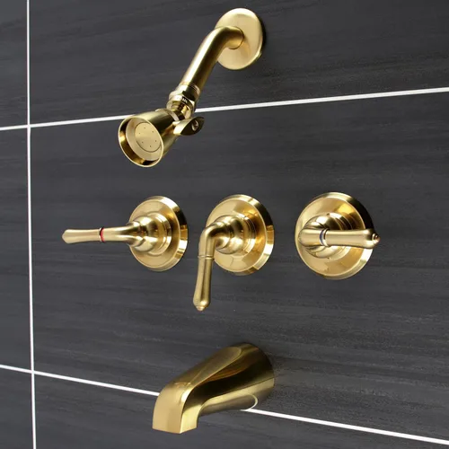 Miniatura 2 de Kingston Brass KB237 Magellan Grifo de bañera y ducha de triple mango en latón cepillado