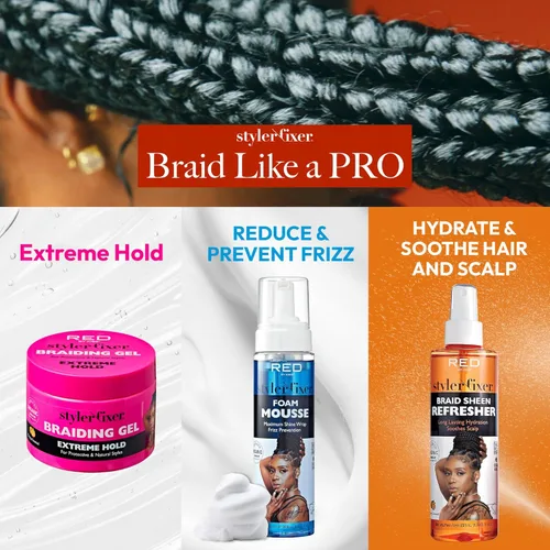 Miniatura 5 de Red by Kiss Gel para Trenzas de Fijación Extrema Styler Fixer para Trenzas de Caja y Cornrows, Hidratante, Acondicionador, Control de Encrespamiento