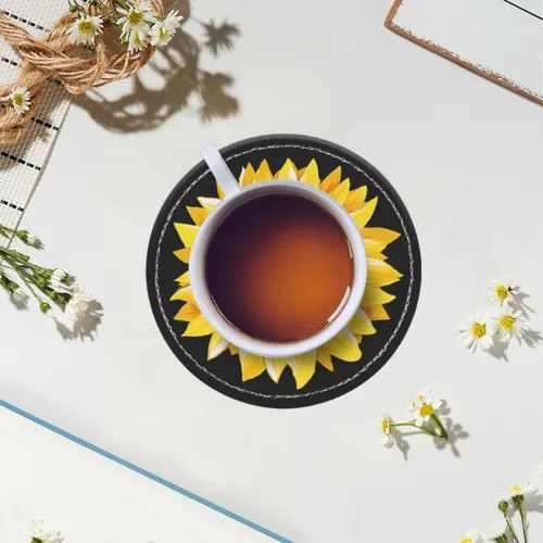 Miniatura 7 de Posavasos para bebidas de piel sintética, juego de 6 con soporte, regalo de inauguración de la casa, decoración del hogar, girasol de acuarela negro