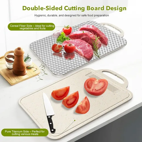 Miniatura 5 de Tabla de cortar de titanio, tabla de cortar para tablas de cortar de cocina de doble cara con titanio puro y paja de trigo PP, fácil de limpiar