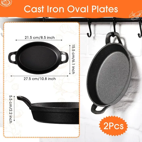 Miniatura 2 de Mifoci Paquete de 2 mini fajitas de hierro fundido, 8.5 x 6.1 pulgadas, sartén ovalada para carne, juego de moldes pequeños, cacerola negra