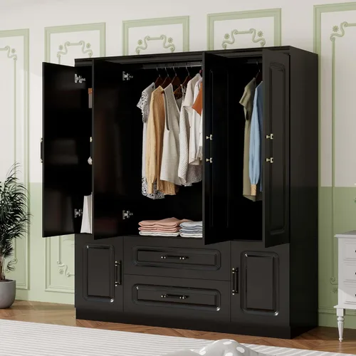 Miniatura 10 de Armario de madera, armario de almacenamiento grande, diseño de 4 puertas, armario con 2 cajones y 2 varillas para colgar, adecuado para dormitorio