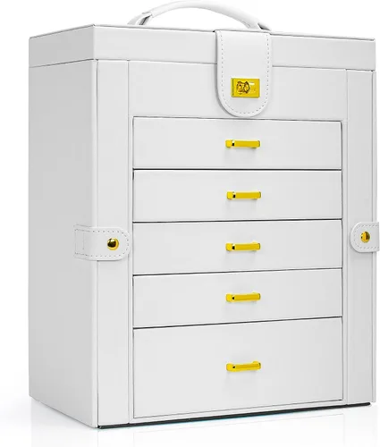 Miniatura 8 de AKOZLIN Joyero grande organizador funcional con cerradura con espejo grande, estuche de almacenamiento de joyas de cuero para mujeres y niñas