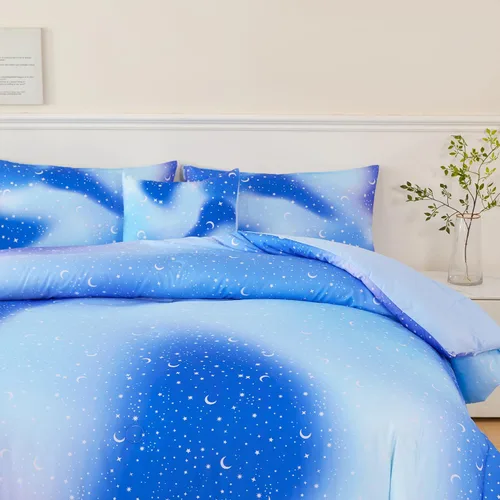 Miniatura 4 de URBONUR Juego de 6 piezas de edredón con brillo degradado para niñas, tamaño completo, ropa de cama de galaxia azul para niños, juego de edredón