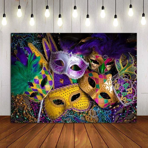 Miniatura 2 de Máscara de cuentas de color morado dorado con purpurina, fondo de fotografía de carnaval, fiesta, baile, fiesta de cumpleaños, cabinas de fotos