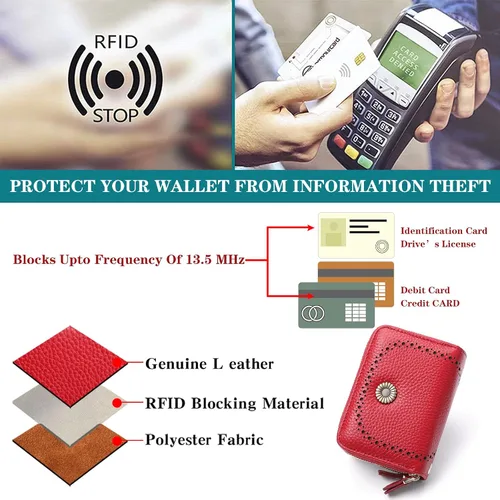 Miniatura 3 de GOIACII Cartera con tarjetero RFID para mujer, pequeña cartera de piel auténtica con 2 cremalleras