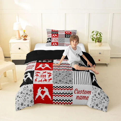 Miniatura 31 de Juego de edredón de softbol personalizado, juego de ropa de cama de retazos a cuadros para niños y niños, edredón de bate de béisbol, juego