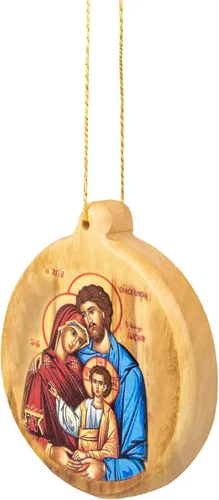 Miniatura 3 de Adornos de Navidad católicos – Sagrada Familia Bizantina Icono Redondo Adornos de Madera de Olivo de Tierra Santa – Pequeños adornos de Navidad