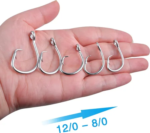 Miniatura 7 de Ganchos circulares de atún, ganchos circulares de acero inoxidable para agua salada, 2 ganchos fuertes de mango corto para bagre, atún bajo