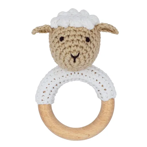 Joliecraft Juguete de sonajero de madera natural para bebé, suave con anillo para dentición para lactantes, cordero color crema
