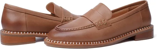 Miniatura 6 de FOGEENA Mocasines de cuero mate para mujer, estilo casual, sin cordones, punta redonda, tacón bajo grueso, zapatos de vestir de 1 pulgada