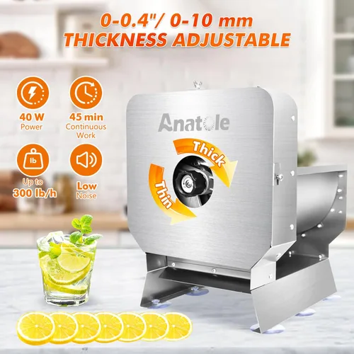 Miniatura 2 de Cortadora de verduras eléctrica Anatole, cortadora comercial de frutas, acero inoxidable, espesor ajustable de 0-0.4'', con modo manual para tomate