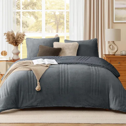 Monbix Juego de edredón mullido tamaño matrimonial, color azul y gris, edredón mullido de felpa Sherpa de 3 piezas para cama de tamaño matrimonial,