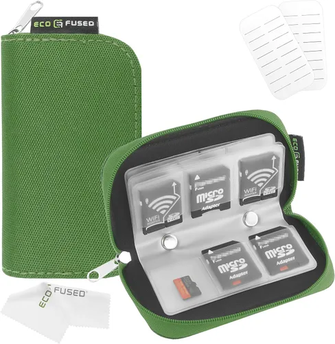 Estuche transportador de tarjeta de memoria – apto para tarjetas SDHC y SD – 8 folios y 22 ranuras – ECO-FUSED paño de limpieza de microfibra Verde