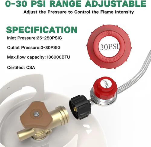 Miniatura 4 de Regulador de propano ajustable de alta presión de 4 pies 0-30 PSI, regulador de 30 psi, manguera de propano trenzada de acero inoxidable QCC1/Tipo 1