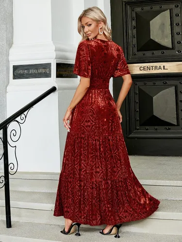 Miniatura 3 de Amegoya Vestido largo de terciopelo de manga corta con cuello en V para mujer, vestido largo formal para invitados de boda, otoño, noche, fiesta