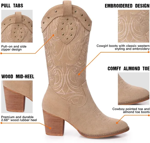 Miniatura 4 de SHIBEVER Botas vaqueras vaqueras para mujer bota de media pantorrilla con punta occidental con tacón grueso bordado de gamuza
