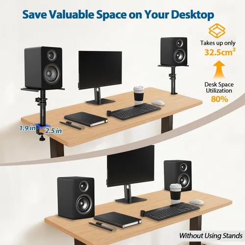 Miniatura 3 de Vondynote Juego de 2 soportes de altavoz con abrazadera de escritorio para monitor de estudio, altura ajustable