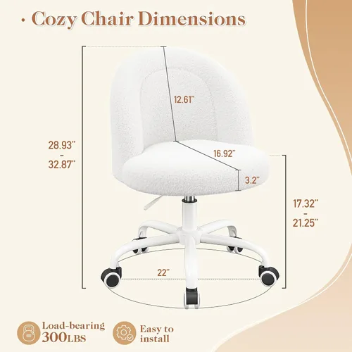 Miniatura 2 de DurayLoly - Silla de tocador, silla de maquillaje de vellón suave con ruedas silenciosas, altura ajustable y giro de 360°, diseño sin brazos que