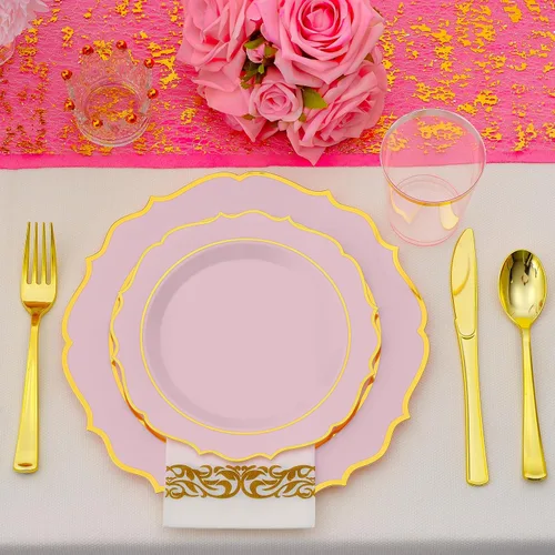 Miniatura 5 de 175 PCS Platos de Plástico Rosa para 25 Invitados, Juego de Vajilla Desechable Rosa y Dorado para Fiestas y Bodas Incluye 25 Platos de Cena y 25
