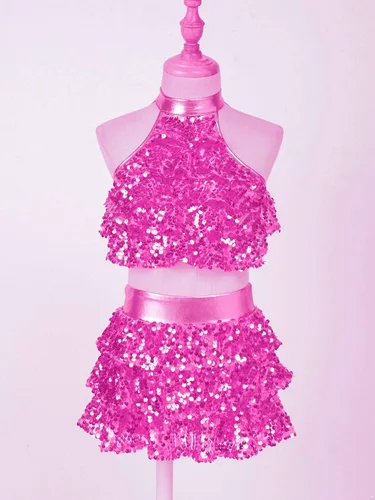 Miniatura 3 de YiZYiF Conjunto de 2 piezas de baile con lentejuelas para niñas y niñas, top corto metálico con falda, disfraz de baile latino de jazz