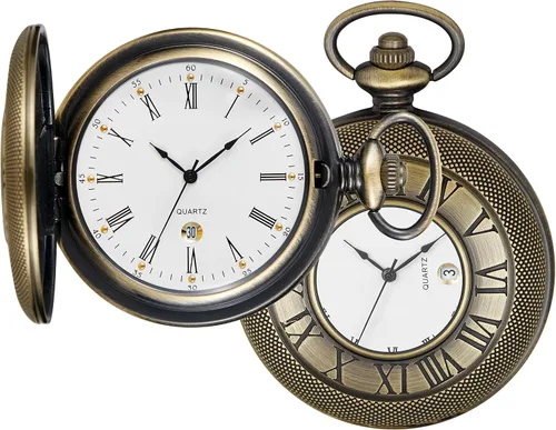 Hollow Roman Digital Pocket Watch Cover para hombre, calendario romano Dial Reloj de bolsillo de cuarzo para hombre con cadena