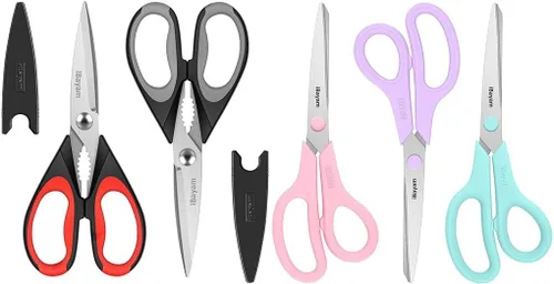 iBayam Paquete de 2 tijeras de cocina negro, rojo, negro gris y tijeras multiusos de 8 pulgadas, paquete de 3, rosa pastel, morado suave, azul
