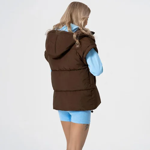 Miniatura 56 de Shiyifa Chaleco acolchado para mujer, chaqueta de gran tamaño, sin mangas, ligera, con cremallera, con capucha desmontable