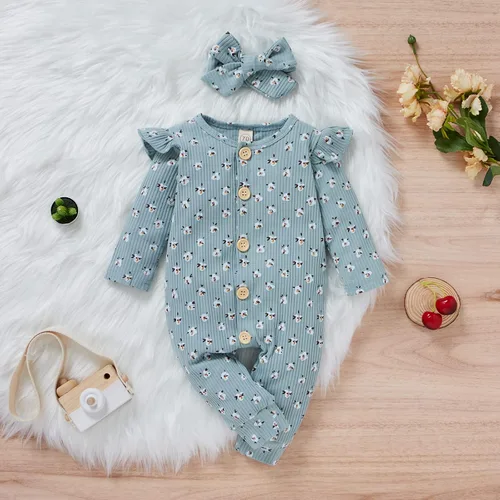 Miniatura 2 de Ropa para bebé recién nacida, mameluco con volantes, manga larga, floral, traje de otoño con diadema