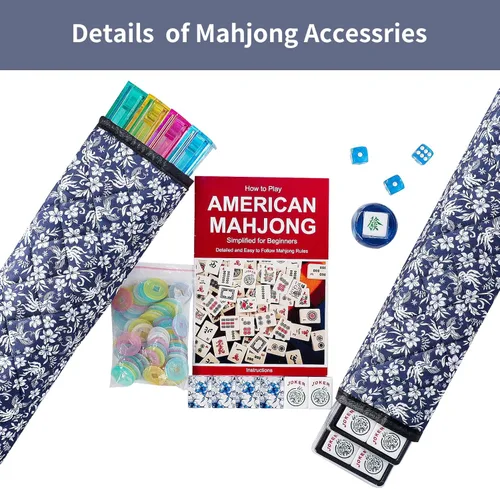 Miniatura 3 de Juego de Mahjong Americano, 166 Azulejos Premium de Acrílico con Impresiones Azules, 4 Estante/Empujadores de Color Todo en Uno, Juego Completo