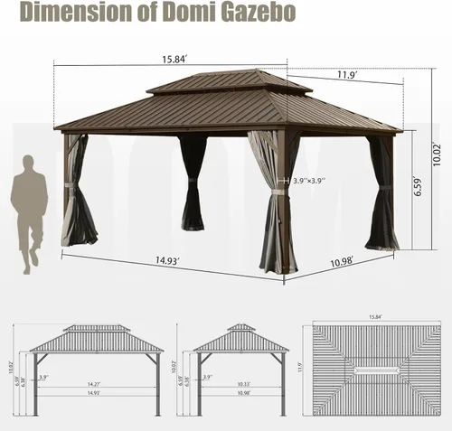 Miniatura 6 de Domi - Cenador de techo rígido de 8 x 8 pies con malla y cortinas, cenador para exteriores con techo doble de acero galvanizado para patio, césped