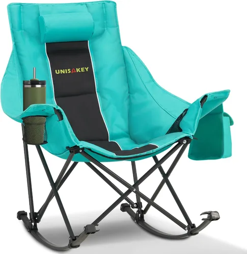 Unisakey Silla mecedora de gran tamaño con reposacabezas y portavasos – Capacidad de 300 libras, tela Oxford 600D, silla mecedora portátil fácil de