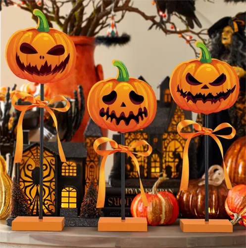 Miniatura 2 de 3 piezas de decoración de bandeja escalonada de Halloween, calabaza de madera, decoración de Halloween, letrero aterrador para interiores