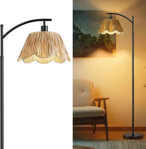 Miniatura 11 de Oneach Lámpara de pie arqueada para sala de estar, lámpara de pie de ratán boho con pantalla tejida a mano, interruptor a pedal, base y poste de Oro