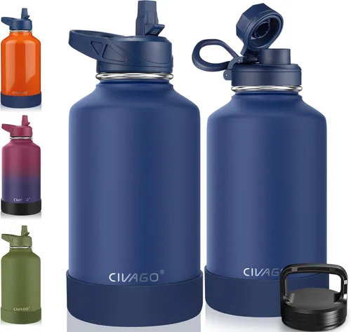 Miniatura 33 de CIVAGO Botella de agua aislada de 22 onzas con pajita, frasco de agua deportiva de acero inoxidable con 3 tapas