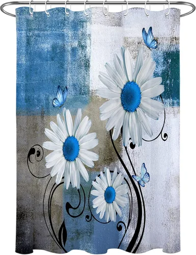 Miniatura 6 de Cortina de ducha floral con margaritas azules, flores blancas y mariposas en tela moderna abstracta geométrica gris para baño, 10 ganchos, 48 x 72