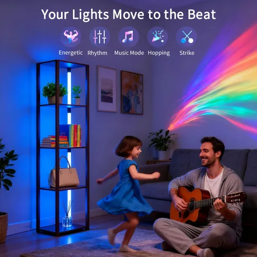 Miniatura 9 de RGBCW - Lámpara de pie con estantes, lámpara de pie LED inteligente moderna con sincronización de música, lámpara de estante de esquina que cambia