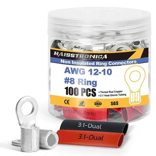 Miniatura 10 de haisstronica Juego de conectores de cables no aislados, 50 piezas de terminales de anillo de 5/16" (AWG12-10) con 50 piezas de tubo termorretráctil