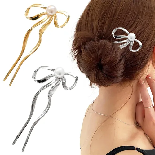 2 horquillas vintage de perlas francesas para mujer, horquillas de metal en forma de U para cabello largo y grueso, lazo dorado grande, 2 puntas