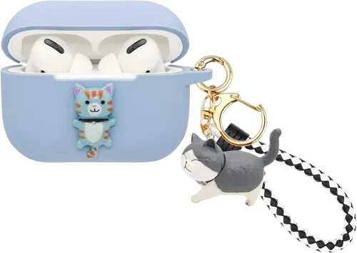 Wonhibo Lindo gato para Airpods Pro, funda Kawaii Kitten azul para Airpod Pro 2019 con llavero
