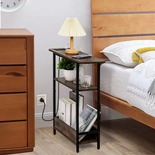 Miniatura 5 de Mesa auxiliar estrecha con estación de carga USB-C, mesa auxiliar delgada de 3 niveles con soporte para revistas, mesa auxiliar delgada moderna